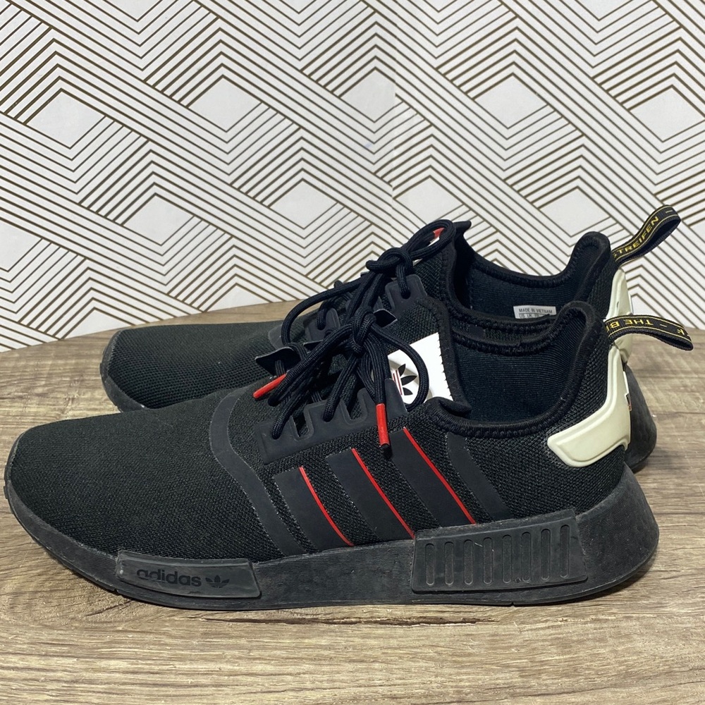 Adidas Men's NMD R1 Black Sneakers with Red Stripes - Picture 3 of 11